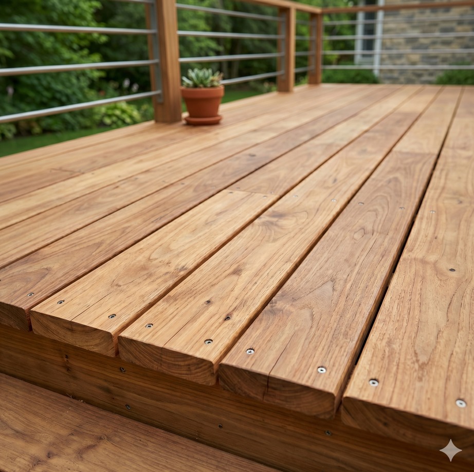 Deck de madeira em varanda com vegetação ao redor